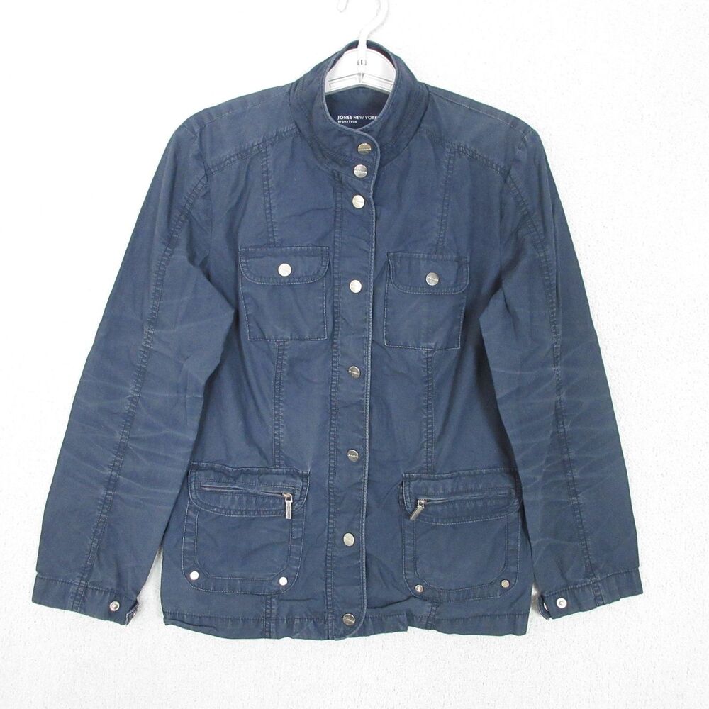 Jones New York Utility Jacket Womens M Navy Cotton Snap Front Zippered Pockets